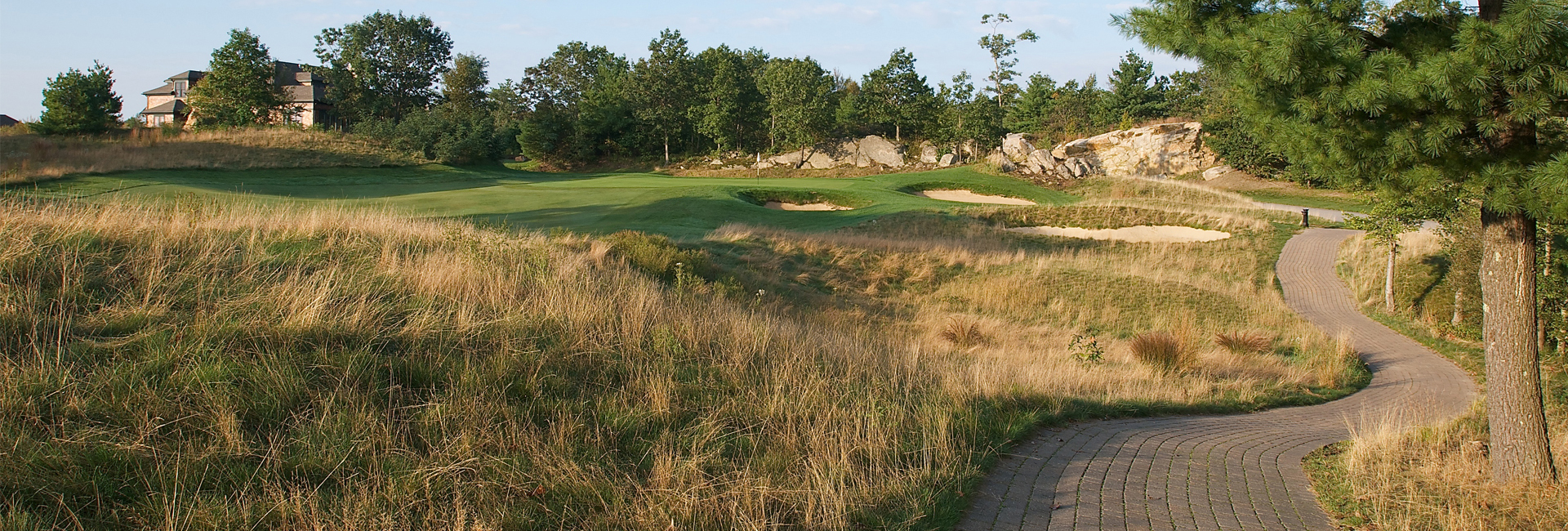 Aerial view of green fairways and a golf course
